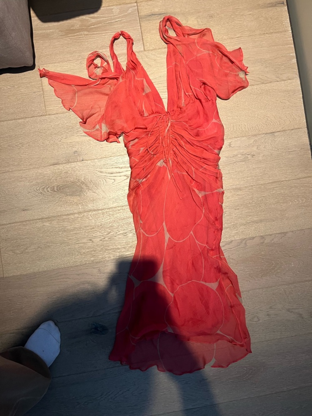 Gucci Coral Red Sheer Ruched Silk Dress - Picture 5 of 9